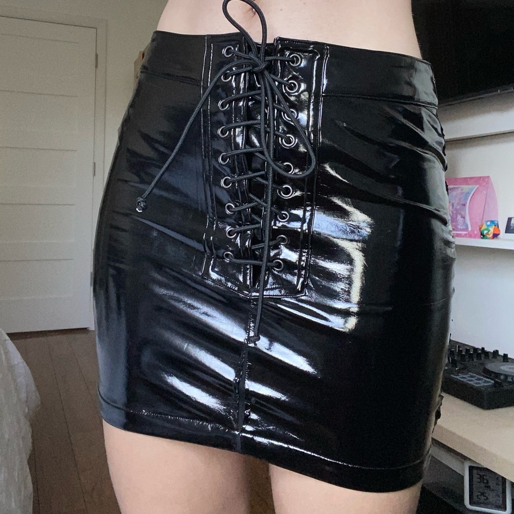 Black Faux Leather PVC Lace Up Skirt